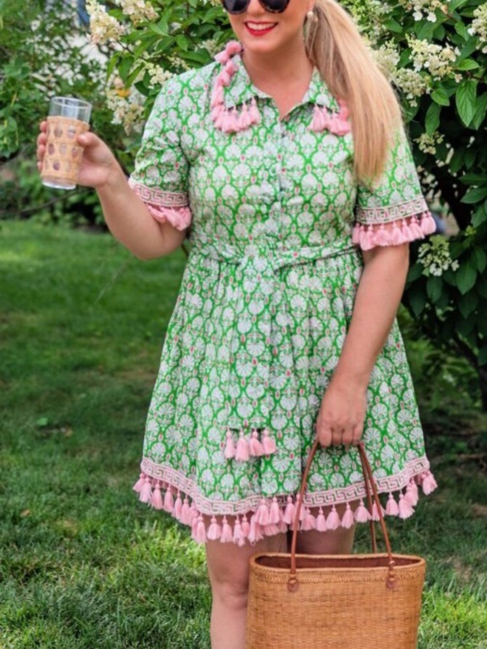 Elizabeth Wilson Augusta Dress in Green with Pink Tassel Trim- so adorable